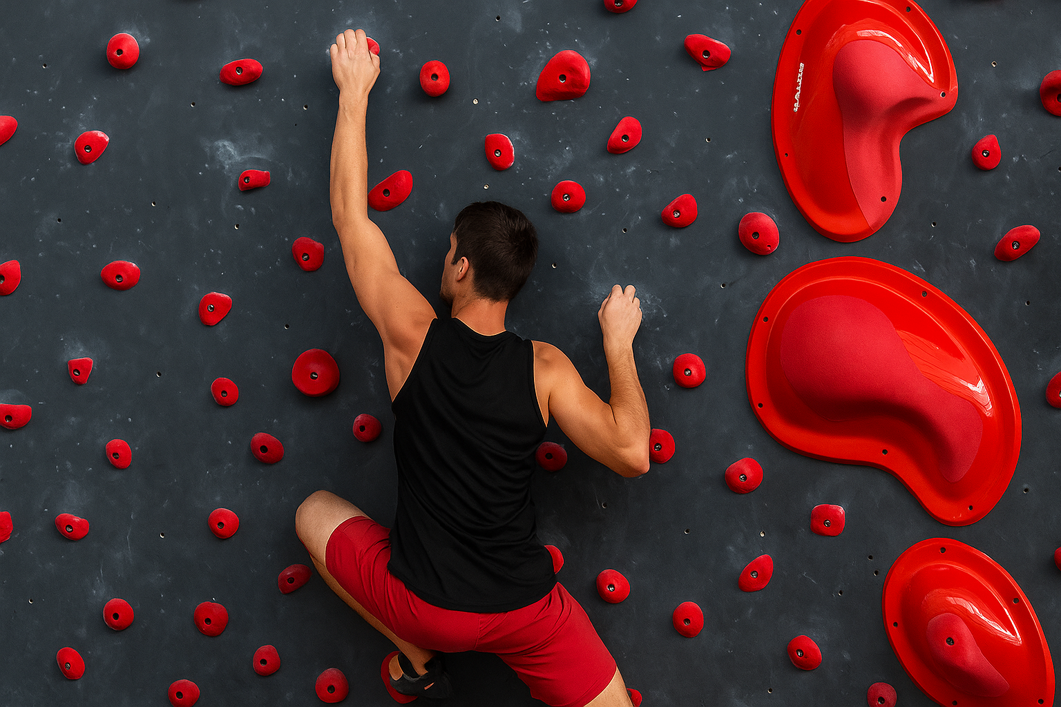 Climbing gym with colorful holds on textured climbing wall